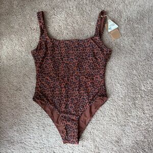Leopard Square Neck One Piece Swimwear | Dark Coffee | Size Medium